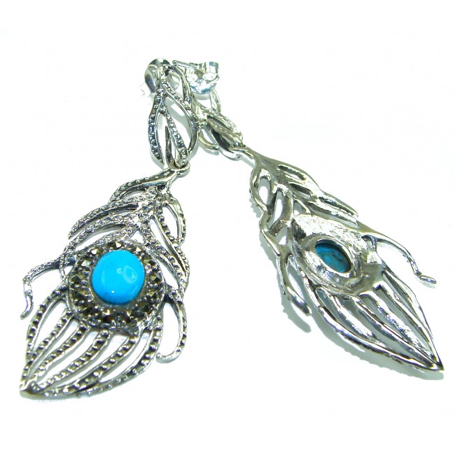 Great Peacocks Feathers authentic inlay Turquoise .925 Sterling Silver handcrafted Earrings