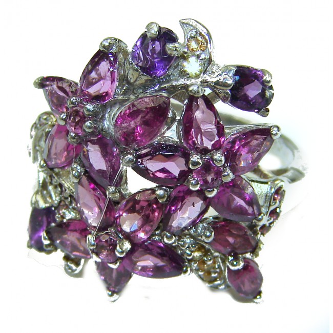 Blooming Red Flowers 11.5 carat Authentic Garnet .925 Sterling Silver handcrafted Ring size 8