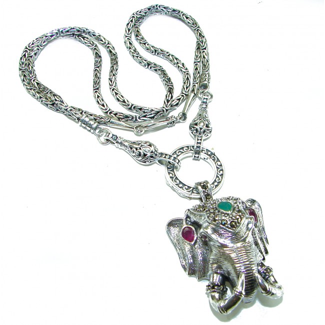 Luck and Prosperity HUGE 55.5 grams ELEPHANT genuine EMERALD .925 Sterling Silver handcrafted Necklace