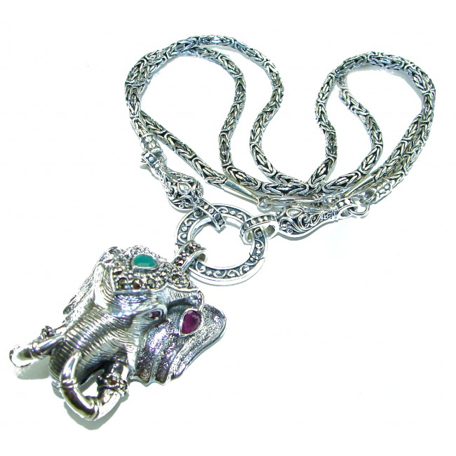Luck and Prosperity HUGE 55.5 grams ELEPHANT genuine EMERALD .925 Sterling Silver handcrafted Necklace