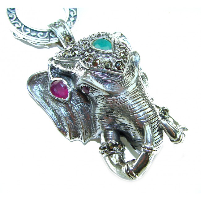 Luck and Prosperity HUGE 55.5 grams ELEPHANT genuine EMERALD .925 Sterling Silver handcrafted Necklace