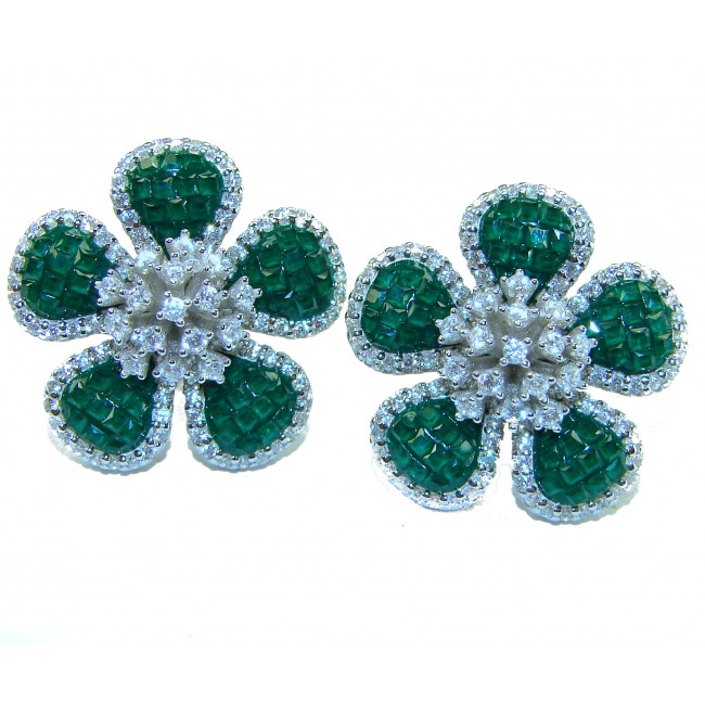 Born to Glam authentic 24.4 carat Colombian Emerald .925 Sterling Silver handcrafted Statement earrings - Flower-shaped earrings with green emerald petals, front view.