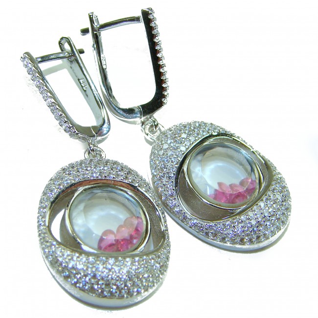 Floating Memories 11.5 carat Pink Sapphire .925 Sterling Silver Handcrafted Statement earrings - Close-up of floating sapphires in drop earrings, .925 sterling silver