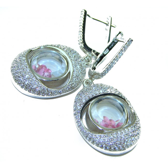 Floating Memories 11.5 carat Pink Sapphire .925 Sterling Silver Handcrafted Statement earrings - Close-up of Floating Memories pink sapphire earrings in sterling silver.