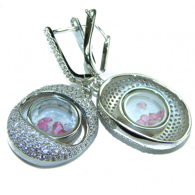 Floating Memories 11.5 carat Pink Sapphire .925 Sterling Silver Handcrafted Statement earrings - Close-up of Floating Memories earrings with pink sapphire stones.