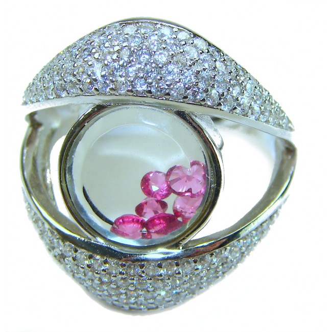 Floating Memories 12.5 carat Pink Sapphire .925 Sterling Silver Handcrafted Ring size 8 - Close-up of Floating Memories pink sapphire sterling silver ring