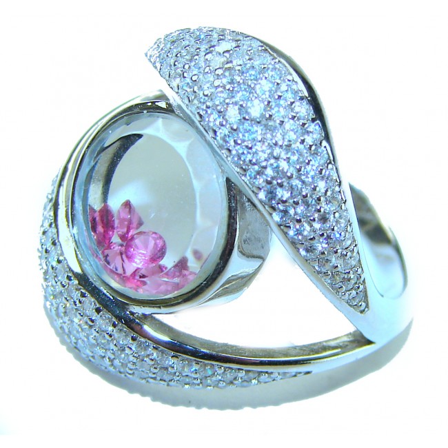 Floating Memories 12.5 carat Pink Sapphire .925 Sterling Silver Handcrafted Ring size 8 - Close-up of Floating Memories ring with pink sapphires and pavé detail.