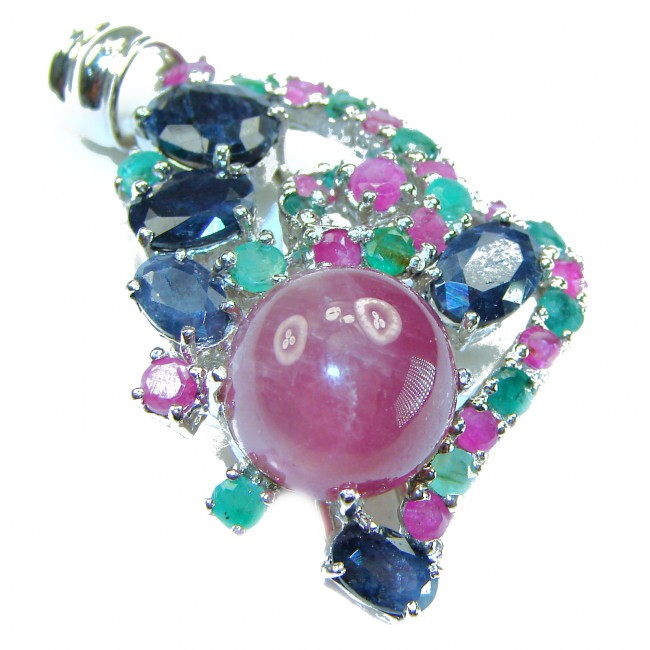 Francesca - authentic Ruby Emerald Sapphire .925 Sterling Silver handcrafted Pendant - Close-up of Francesca Ruby Emerald Sapphire pendant on white background