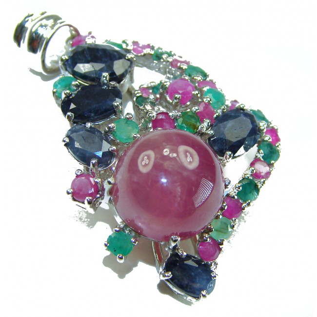 Francesca - authentic Ruby Emerald Sapphire .925 Sterling Silver handcrafted Pendant - Close-up of colorful gemstone pendant on sterling silver setting.