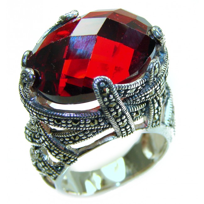 Bella Rosa Natural 28.4 carat Ruby Marcasite .925 Sterling Silver handmade Large Statement Ring size 7 3/4 - Close-up of Bella Rosa ruby ring with marcasite and sterling silver details