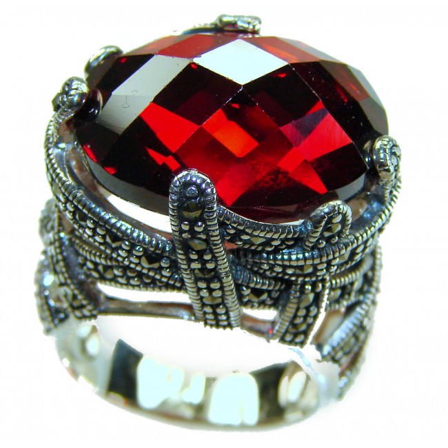 Bella Rosa Natural 28.4 carat Ruby Marcasite .925 Sterling Silver handmade Large Statement Ring size 7 3/4 - Close-up of Bella Rosa Ruby Marcasite Sterling Silver Ring