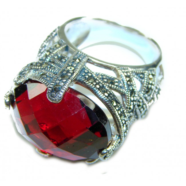 Bella Rosa Natural 28.4 carat Ruby Marcasite .925 Sterling Silver handmade Large Statement Ring size 7 3/4 - Close-up of Bella Rosa natural ruby ring with marcasite in sterling silver