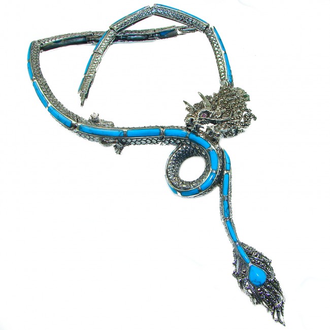 Power, Good fortune and Strength MASSIVE Dragon Genuine Turquoise Marcasite .925 Sterling Silver handmade handcrafted Necklace