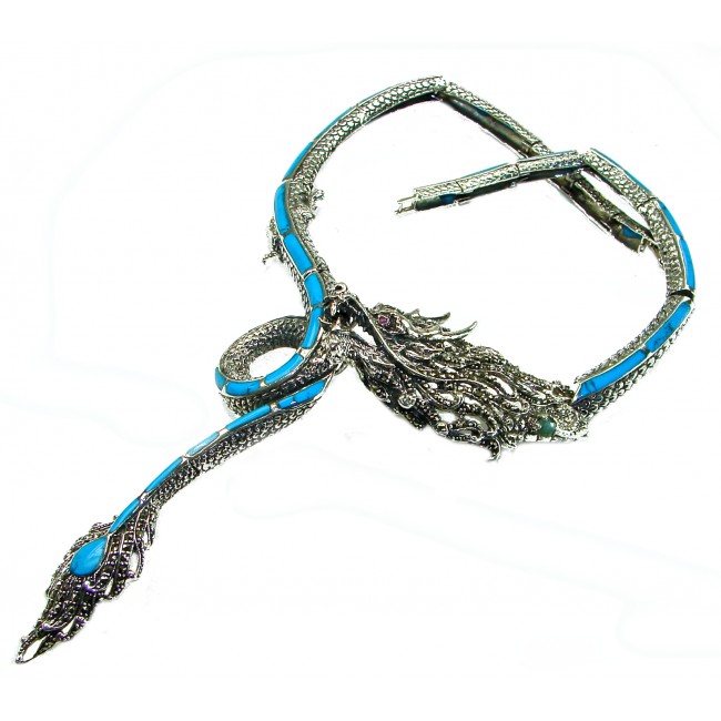 Power, Good fortune and Strength MASSIVE Dragon Genuine Turquoise Marcasite .925 Sterling Silver handmade handcrafted Necklace