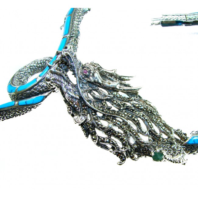 Power, Good fortune and Strength MASSIVE Dragon Genuine Turquoise Marcasite .925 Sterling Silver handmade handcrafted Necklace