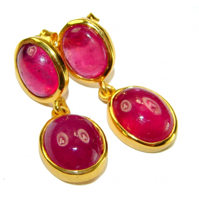 Countless Blessings Genuine 9.5 carat Authentic Mozambique Ruby 18K Gold over .925 Sterling Silver handcrafted earrings - Close-up of Mozambique ruby earrings with gold setting