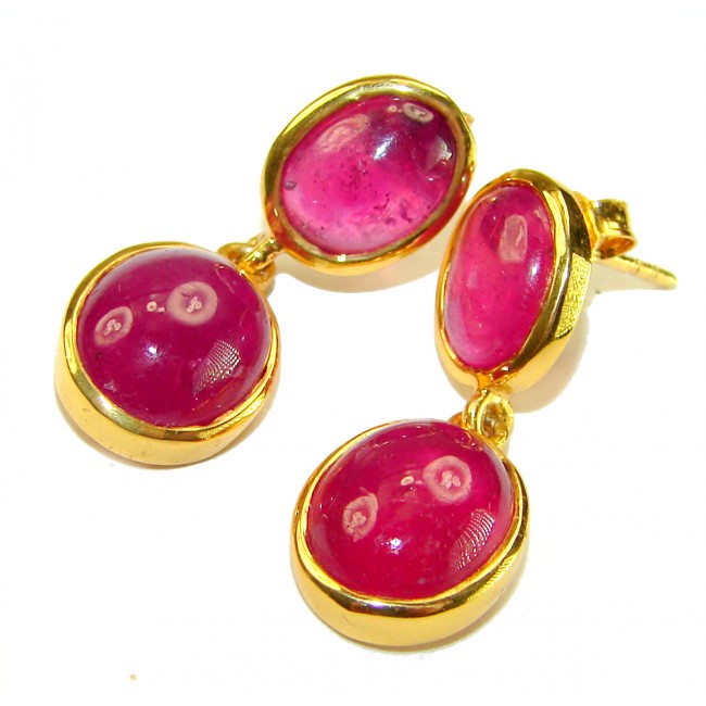 Countless Blessings Genuine 9.5 carat Authentic Mozambique Ruby 18K Gold over .925 Sterling Silver handcrafted earrings - Close-up of gold earrings with pink stones, front view.