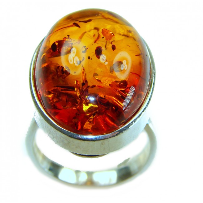 Beauty of the Nature Baltic Amber .925 Sterling Silver handcrafted ring; s. 7 adjustable - Amber stone close-up on sterling silver ring