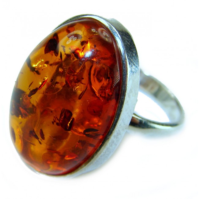 Beauty of the Nature Baltic Amber .925 Sterling Silver handcrafted ring; s. 7 adjustable - Amber stone close-up on silver ring