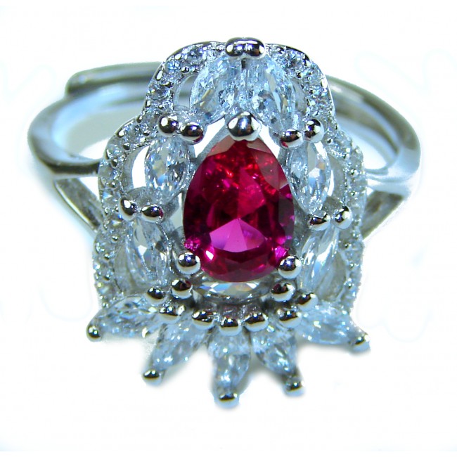 Spectacular Authentic 4.3 carat Ruby .925 Sterling Silver handmade Cocktail Ring s. 7 3/4 - Close-up of ruby and diamond ring in sterling silver setting.