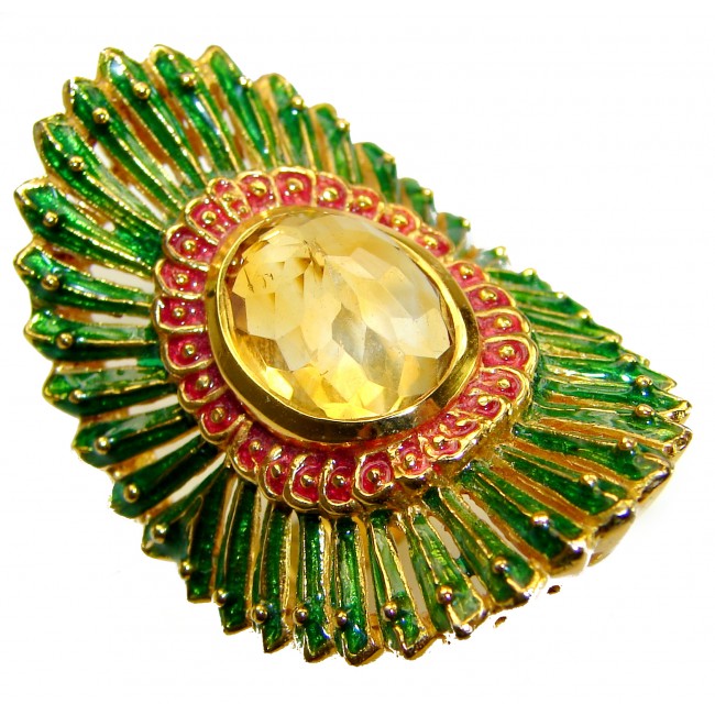 Paradise 10.5 carat Citrine green Enamel .925 Sterling Silver dipped in 18K Gold Handcrafted Huge Ring size 8 1/4