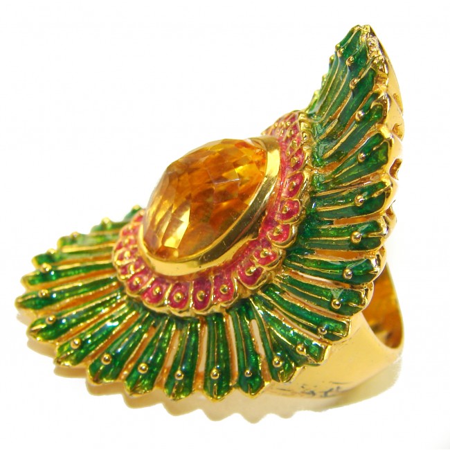 Paradise 10.5 carat Citrine green Enamel .925 Sterling Silver dipped in 18K Gold Handcrafted Huge Ring size 8 1/4