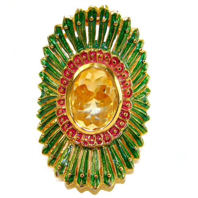 Paradise 10.5 carat Citrine green Enamel .925 Sterling Silver dipped in 18K Gold Handcrafted Huge Ring size 8 1/4