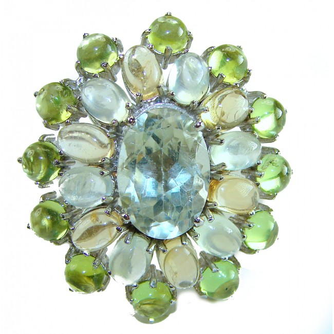 Green Royalty authentic 55.5 carat Green Amethyst .925 Sterling Silver handcrafted Ring s. 7 - Green Amethyst with surrounding stones, top view of ring