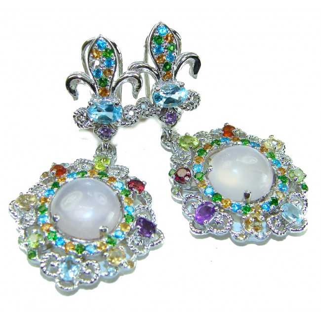 Celtic Spirit authentic fancy cut 22.5 carat Rose Quartz .925 Sterling Silver handcrafted Statement earrings - Colorful gemstone earrings with rose quartz, front angle view.