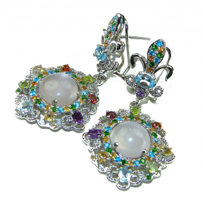 Celtic Spirit authentic fancy cut 22.5 carat Rose Quartz .925 Sterling Silver handcrafted Statement earrings - Close-up of Celtic Spirit drop earrings with multicolored gemstones