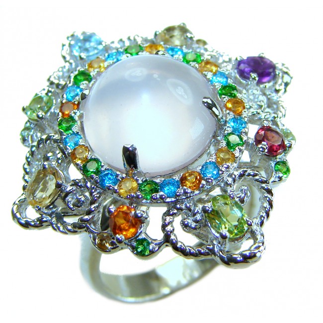 Celtic Spirit authentic fancy cut 11.5 carat Rose Quartz .925 Sterling Silver handcrafted Statement Ring s. 7 - Celtic Spirit 11.5 ct Rose Quartz ring, top view, colorful gemstones.