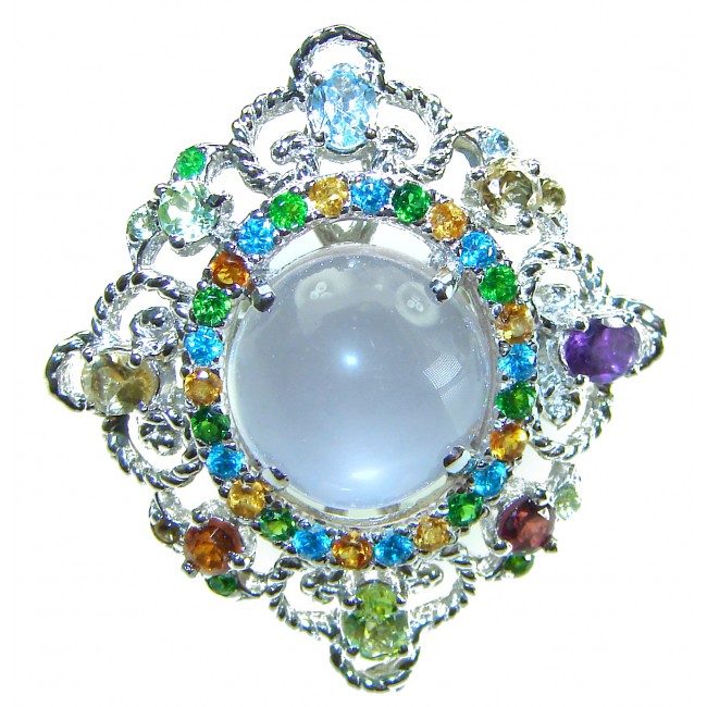 Celtic Spirit authentic fancy cut 11.5 carat Rose Quartz .925 Sterling Silver handcrafted Statement Ring s. 7 - Colorful gemstone brooch, top view, featuring central Rose Quartz stone.
