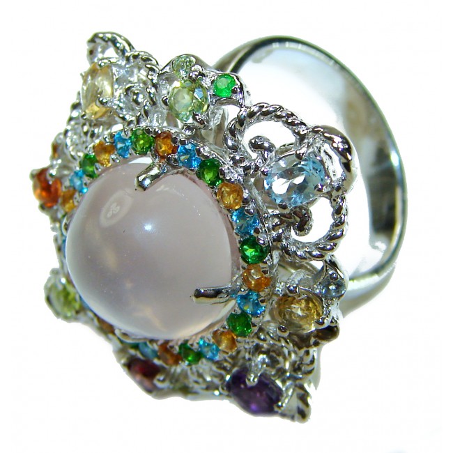Celtic Spirit authentic fancy cut 11.5 carat Rose Quartz .925 Sterling Silver handcrafted Statement Ring s. 7 - Celtic Spirit ring close-up with 11.5 ct Rose Quartz and multicolor gems.