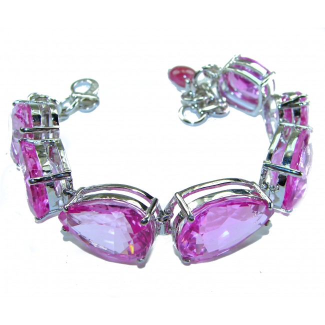 Tiffany - Magnificent Pink 125.5 carat Pink Sapphire .925 Sterling Silver handcrafted Heavy Bracelet - Pink Sapphire Bracelet, top view, showcasing stones and silver setting