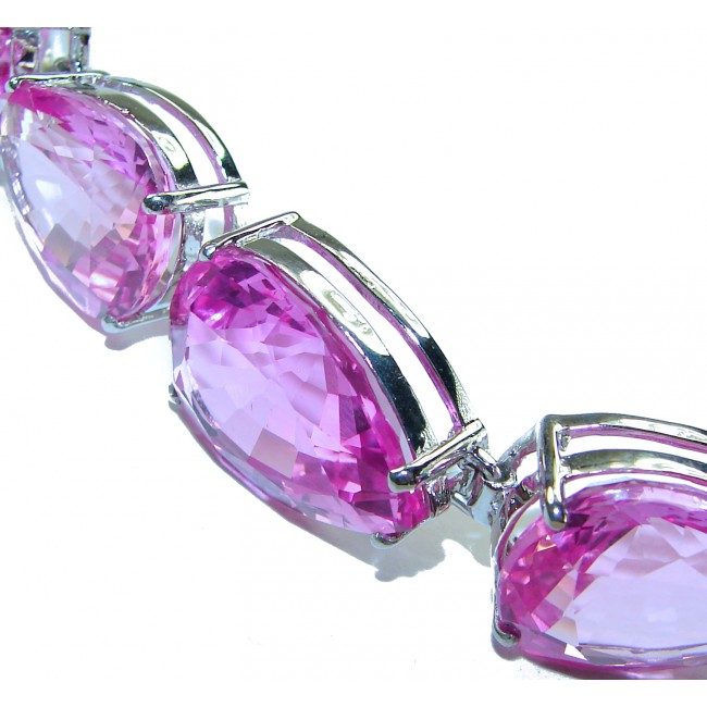 Tiffany - Magnificent Pink 125.5 carat Pink Sapphire .925 Sterling Silver handcrafted Heavy Bracelet - Close-up of Tiffany pink sapphire bracelet, side view