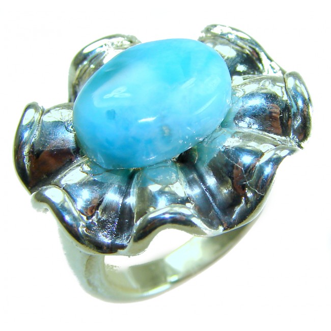 Blue Flower AAAA QUALITY Blue Larimar .925 Sterling Silver handmade Large ring size 7 - Close-up of blue larimar stone set in sterling silver flower ring.