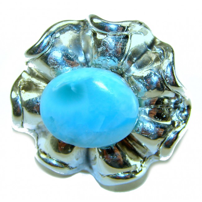 Blue Flower AAAA QUALITY Blue Larimar .925 Sterling Silver handmade Large ring size 7 - Stone close-up of blue Larimar in sterling silver flower setting.