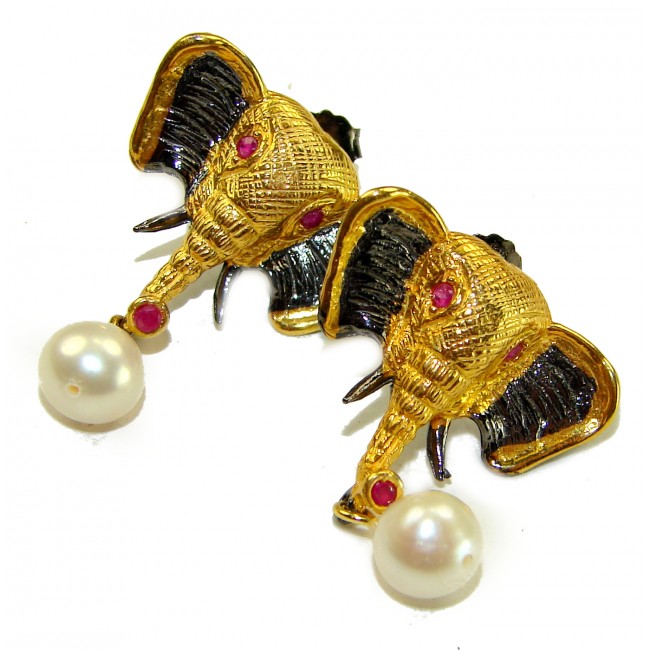 Elephant Authentic Ruby Pearl 2 tones .925 Sterling Silver handcrafted earrings - Elephant earrings with ruby accents and pearls, front close-up view