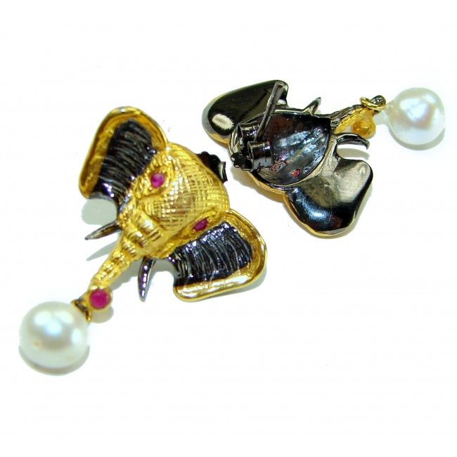 Elephant Authentic Ruby Pearl 2 tones .925 Sterling Silver handcrafted earrings - Elephant earrings with pearl and ruby, front and back view.