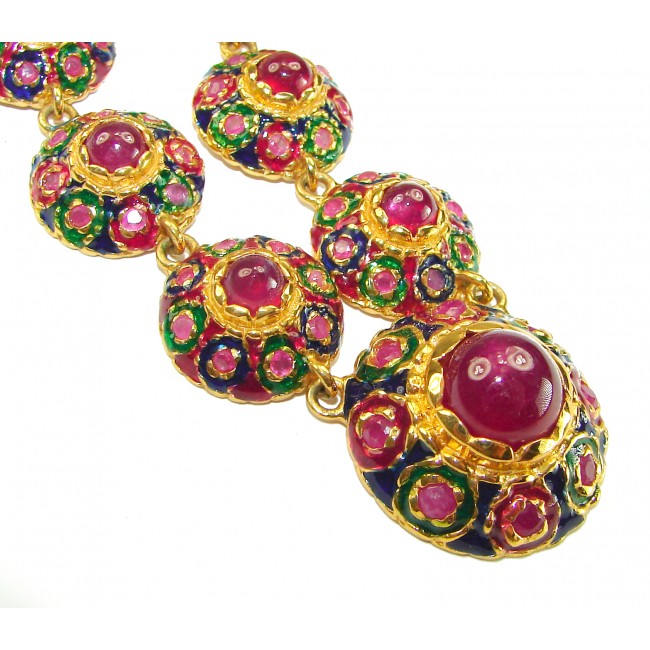 Enlightenment 38.2 carat Mozambique Ruby .925 Sterling Silver .925 Sterling Silver dipped ibn 18K REAL GOLD Statement Necklace - Close-up of ruby and multicolored gemstone necklace detail.