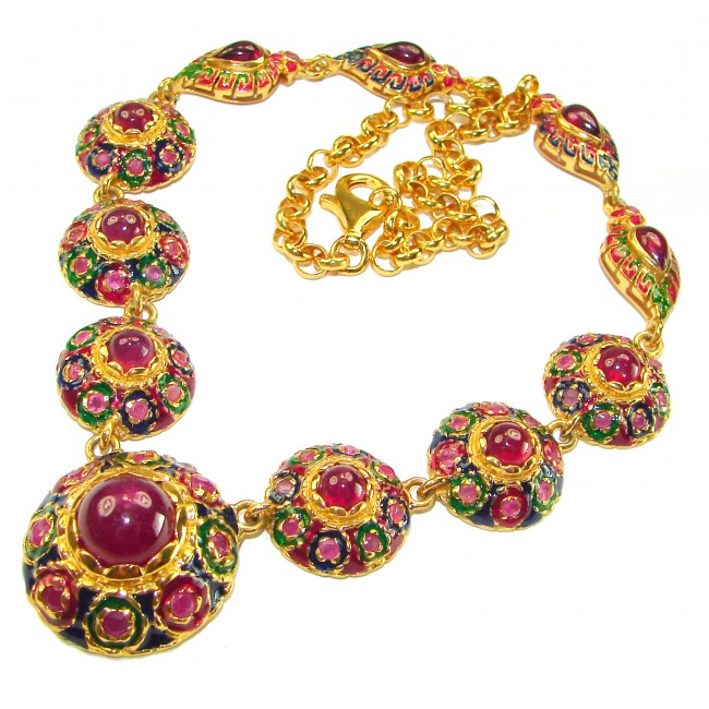 Enlightenment 38.2 carat Mozambique Ruby .925 Sterling Silver .925 Sterling Silver dipped ibn 18K REAL GOLD Statement Necklace - Ruby necklace with gold accents, top view showing detailed design.
