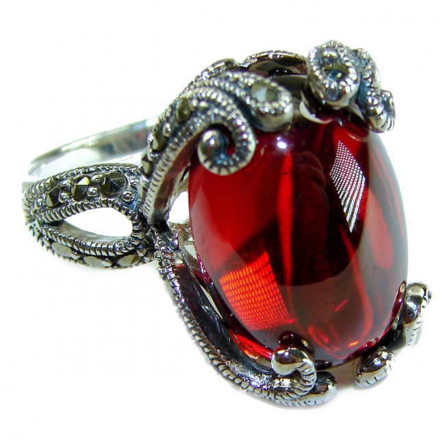 Crimson Fire Natural 28.8 carat Garnet Marcasite .925 Sterling Silver handmade Large Statement Ring size 7