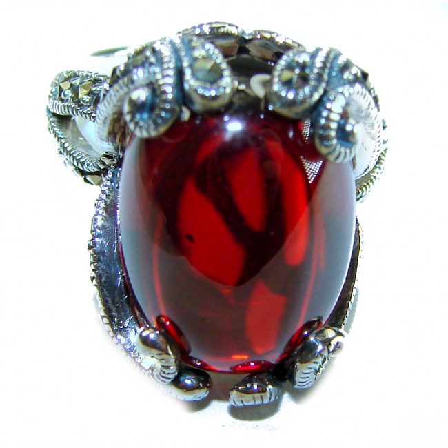 Crimson Fire Natural 28.8 carat Garnet Marcasite .925 Sterling Silver handmade Large Statement Ring size 7