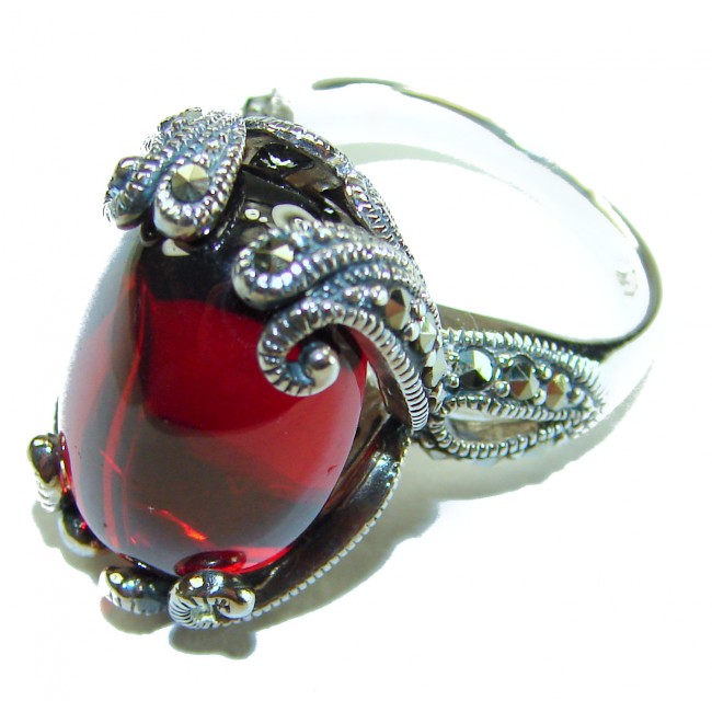 Crimson Fire Natural 28.8 carat Garnet Marcasite .925 Sterling Silver handmade Large Statement Ring size 7