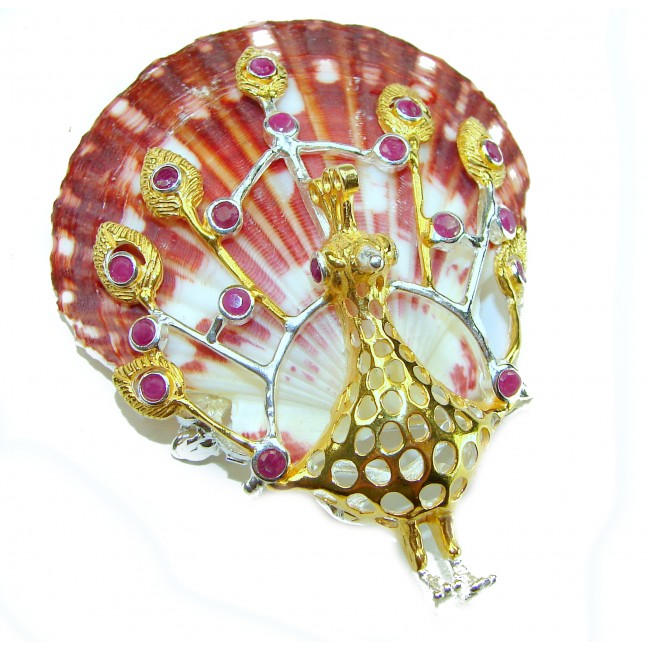 Greaceful Peacock Genuine Ocean Shell Ruby 14K Gold over .925 Sterling Silver handcrafted Pendant brooch