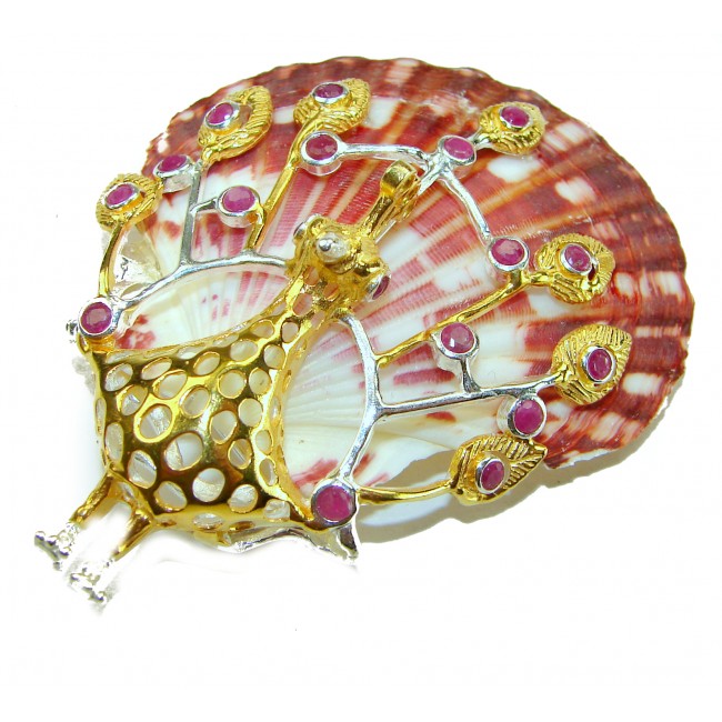 Greaceful Peacock Genuine Ocean Shell Ruby 14K Gold over .925 Sterling Silver handcrafted Pendant brooch