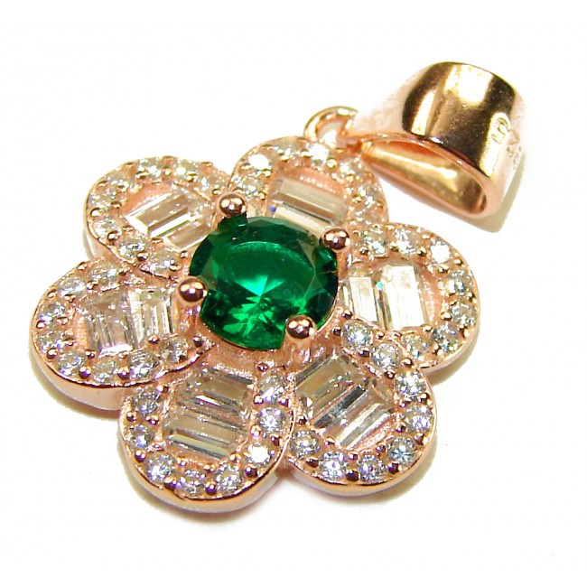 Green Flower 2.1 carat Emerald .925 Sterling Silver dipped in real 18K Gold handmade Statement pendant - Emerald flower pendant close-up, rose gold finish, sparkling gemstones.