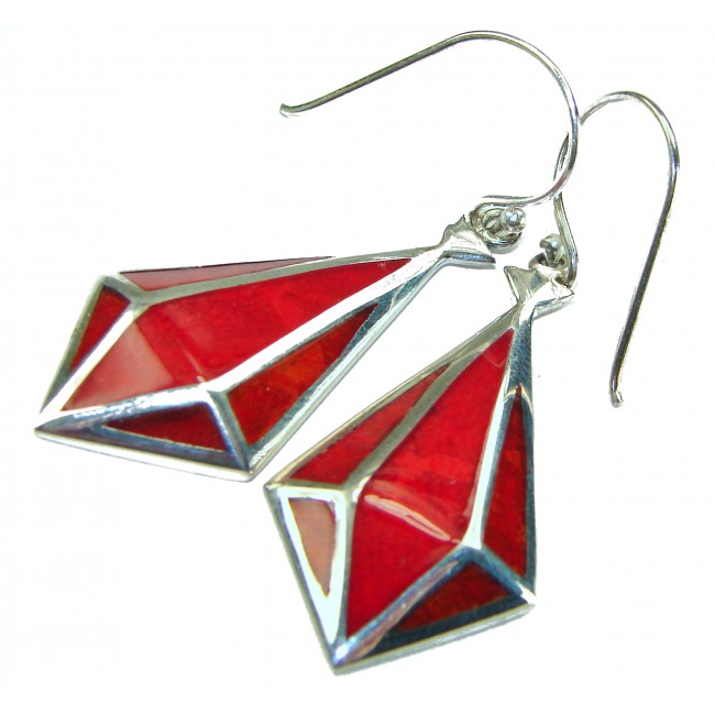 Large Genuine Red Fossilized Coral .925 Sterling Silver handmade earrings