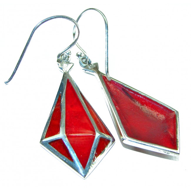 Large Genuine Red Fossilized Coral .925 Sterling Silver handmade earrings