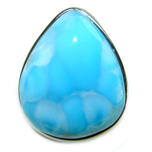 Caribbean Beauty 38.5 carat Genuine perfectly Blue Larimar .925 Sterling Silver handmade LARGE ring size 8 adjustable - Close-up of a teardrop-shaped blue Larimar stone.